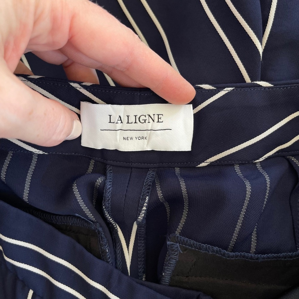 La Ligne Hardy Striped Crepe Flared Pants Navy Blue White High Waist Sz 2 Flowy - Picture 12 of 16